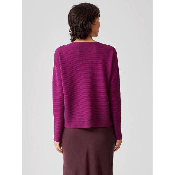New Eileen Fisher Crew Neck Box-Top Purple Ribbed Knit Linen Long Sleeve Sz L - Picture 3 of 9